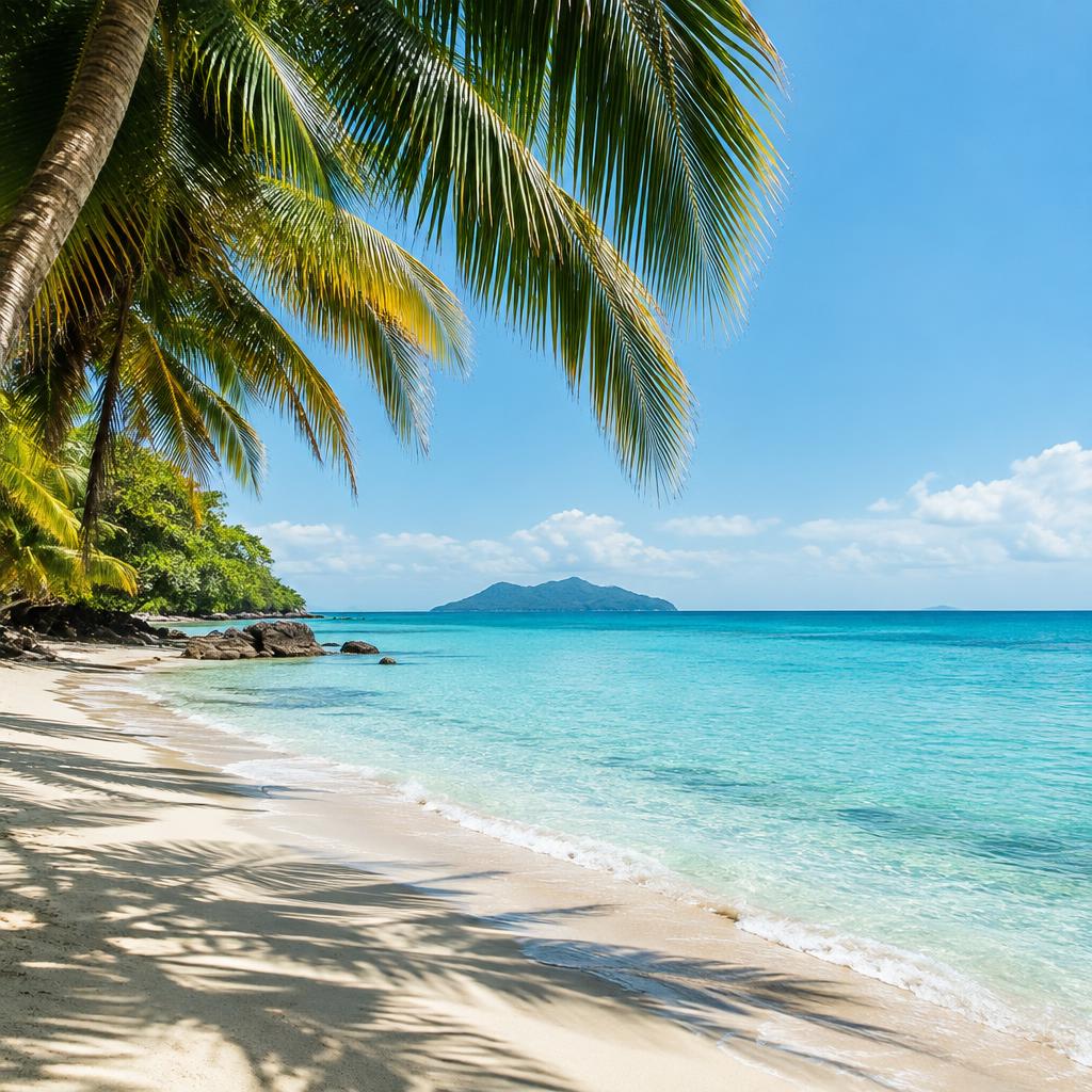 Quiet sandy beach with turquoise water and palm trees