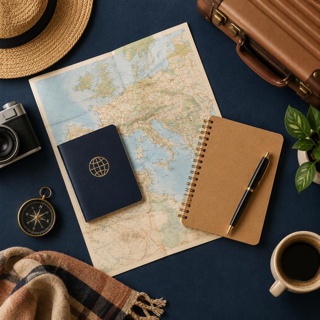Map, passport, compass and notebook laid out for planning a trip